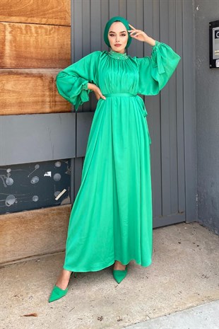 Boncuk Abiye-BENETTON, Fiyatları Beli Drapeli Saten Abiye-MAVİ – Haza Moda | Tesettür Giyim