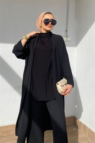 Düz Krep Kimono Takım-SİYAH, Fiyatları Kruvaze Yaka Pantolonlu Takım-SİYAH – Haza Moda | Tesettür Giyim 