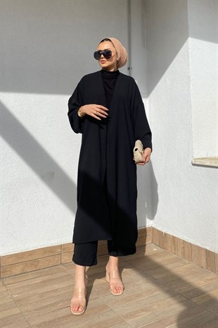 Düz Krep Kimono Takım-SİYAH, Fiyatları Kruvaze Yaka Pantolonlu Takım-SİYAH – Haza Moda | Tesettür Giyim 