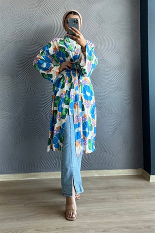 Mavi Çiçekli Kimono, Fiyatları Müslin Kimono-SİYAH – Haza Moda | Tesettür Giyim