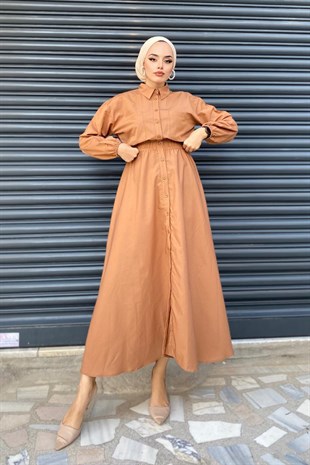 Önden Cepli Beli Büzgülü Elbise-CAMEL, Fiyatları Kolu Fırfırlı Poplin Elbise-YEŞİL – Haza Moda | Tesettür Giyim