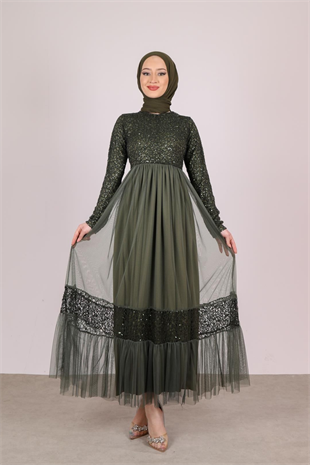 Payet Şeritli Tül Elbise-HAKİ, Fiyatları Tesettür İndirimli Triko Kazak 