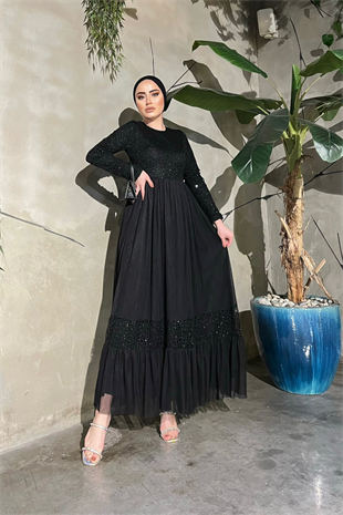 Payet Şeritli Tül Elbise-SİYAH, Fiyatları Tesettür İndirimli Triko Kazak 
