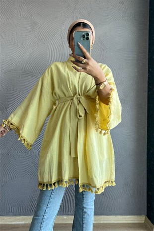Püskül Kimono-SARI, Fiyatları Müslin Kimono-SİYAH – Haza Moda | Tesettür Giyim